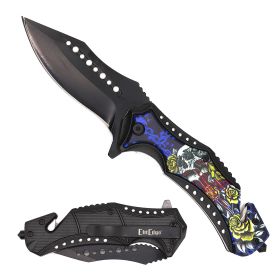 Tactical Skull and Roses Spring Assisted Open Rescue Folding Pocket Knife