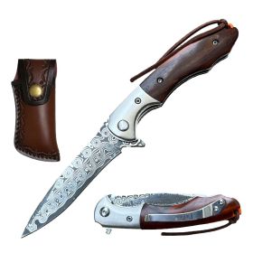 Ball Bearing Damascus Blade Pocket Knife Brown Wood Handle