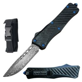 9.75" Damascus Steel Blade Automatic OTF Knife Carbon Fiber
