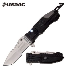 Spring Assist Folding Knife USMC Marines Black EDC Tanto Blade Led Light
