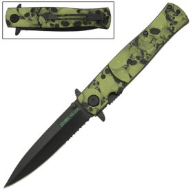 Skull Design Handle Stiletto Style Spring Assist Pocket Knife