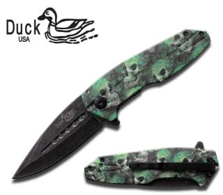4.5 Inch Closed Heavy Duty Green Skull Camo Assisted Opening Knife