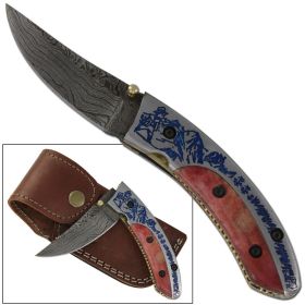 Damascus Steel Mountain View Bone Folding Outdoor Pocket Knife Leather Sheath