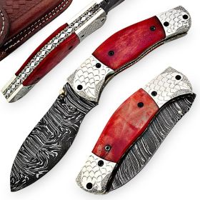 Handcrafted Red Dawn Damascus Folding Pocket Knife