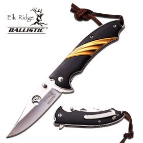 Spring Assist Folding Pocket Knife Elk Ridge Silver Blade Gold Black Wood