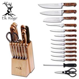 Elk Ridge 15 Piece Kitchen Cutlery Knife Set And Block Stainless Steel Chef Knives