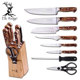 Elk Ridge 9 Piece Kitchen Cutlery Knife Set And Block Stainless Steel Chef Knives