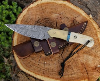 9.21" Damascus Steel Custom Handmade Natural Bone Handle Hunting Skinning Knife