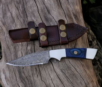 9" Damascus Steel Custom Handmade Exotic Wood Handle Hunting Skinning Knife
