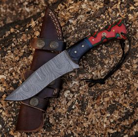 9.5" Damascus Steel Custom Handmade Hunting Knife with Lanyard