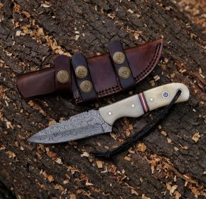 8.28" Damascus Steel Custom Handmade Natural Bone Handle Hunting Skinning Knife