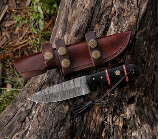 8.2" Damascus Steel Custom Handmade Black Horn Handle Hunting Skinning Knife