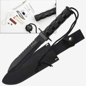 11.25" Black Serrated Jungle Survival Knife, Sheath and Kit