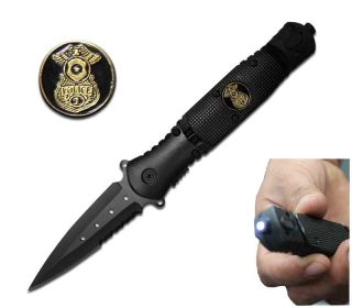 POLICE Tactical Survival Combat KNIFE Spring Assist With Built In LED FLASHLIGHT