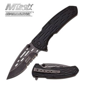Mtech Serrated Blade Spring Assist Knife Stonewash Finish Metal Handle