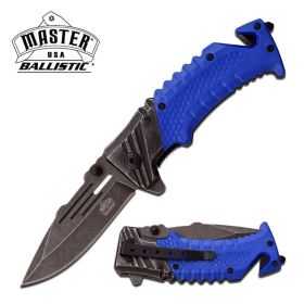 Ballistic Blue Tactical Rescue Spring Assist Pocket Knife Stone-Wash Blade