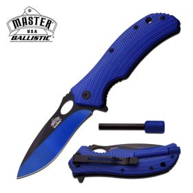 Ballistic Tactical Blue Rescue Spring Assist Knife With Fire Starter