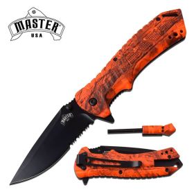Survival Folding Knife Serrated Blade Orange Camo Fire Starter Spring Assist