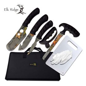 Hunting Knife Set 8-Pc. Camo Blade Skinning Kit + Case, Sharpener