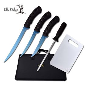 Hunting Knife Set 5-Pc. Blue Titanium Fishing Fillet Blade Kit + Case