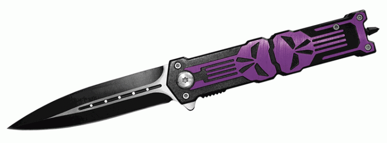 " Punisher " Stiletto Style Spring Assist Knife - Purple Handle