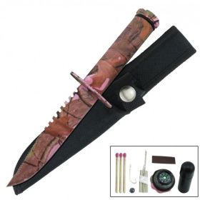 Fixed Blade Sawback Survival Knife 8.5 Inch - Pink Camo