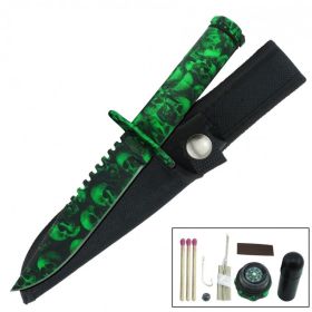 Fixed Blade Sawback Survival Knife 8.5 Inch - Green Skull Camo