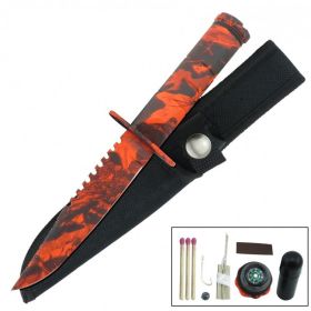 Fixed Blade Sawback Survival Knife 8.5 Inch - Red Camo