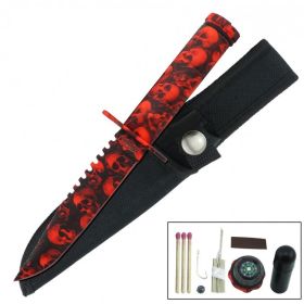 Fixed Blade Sawback Survival Knife 8.5 Inch - Red Skull Camo