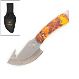 7.25" Orange Camo Hunting Stainless Steel Gut Hook Skinning Knife with Sheath