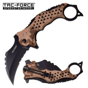 3" Black Serrated Blade Tan Camo Karambit Tactical Spring Assist Knife