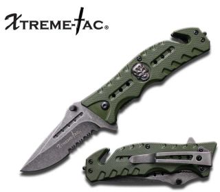 Green Tactical Rescue Folder Spring Assisted Knife Serrated Blade