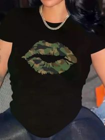 Plus Size Women's Camo Lip Print T-Shirt - Soft Knit, Round Neck, Short Sleeve, Regular Fit, All-Season Casual Wear (Color: Black, size: S)