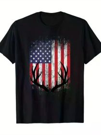 Deer Hunting American Flag Whitetail Buck Antlers Men's Cotton Short Sleeve Casual Round Neck Top Comfortable Stylish with Humorous graphic Black (Color: Black, size: XXXL)