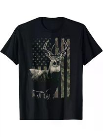 Hunting Camo American Flag Deer T-ShirtCouple Clothing 2025 (Color: Black, size: M)
