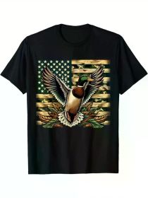 1pc Men'S American Flag Duck Camo T-Shirt - 100% Cotton Crew Neck Short Sleeve Tee, Medium Stretch Knit Fabric, Geometric Pattern (Color: Black, size: XXL)