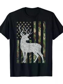 Camo USA Flag Deer Elk Buck Camoflage Hunting Hunter Gift T-Shirt (Color: Black, size: XXXL)
