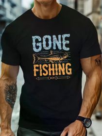 1 pc, 100% cotton T-shirt, plus size men's summer T-shirt, Gone Fishing vintage style pattern printed short sleeve T-shirt (Color: Black, size: XL)