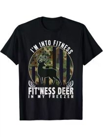 Funny 'I'm Into Fitness Deer in My Freezer' Hunting Tee - Men's Black Cotton T-Shirt with Camo Deer Graphic (Color: Black, size: XXL)